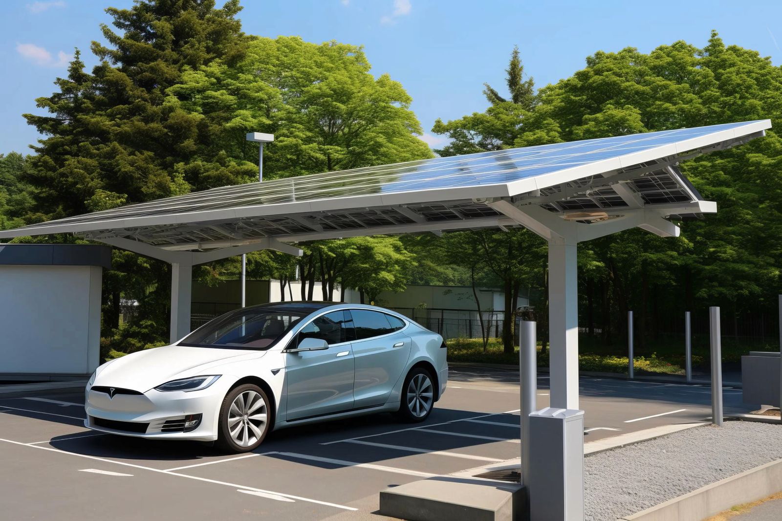 Interior view of solar panel canopy above EV charging bays